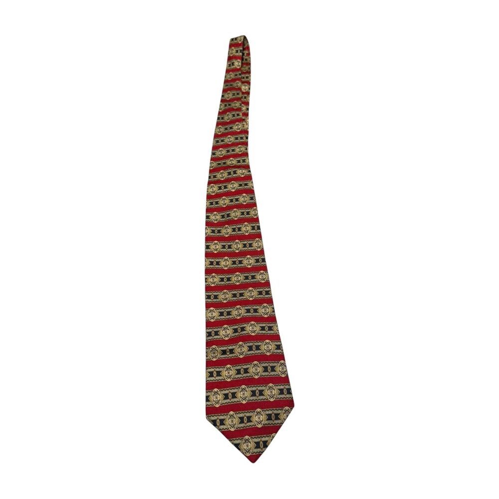 Roundtree & Yorke Mens Necktie 100% Silk Red Medallion Striped Formal 30" Length - Picture 2 of 7